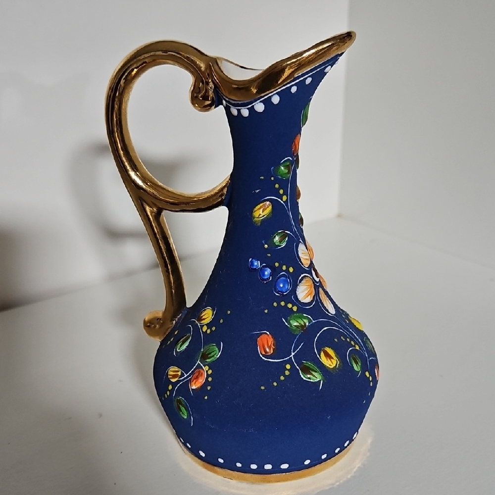 ELPA Alcobaça Portugal S.A. Leart Co Hand Painted Blue & Gold Pitcher Ewer Vase